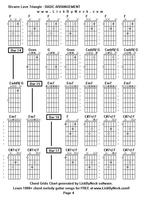 Chord Grids Chart of chord melody fingerstyle guitar song-Bizarre Love Triangle - BASIC ARRANGEMENT,generated by LickByNeck software.